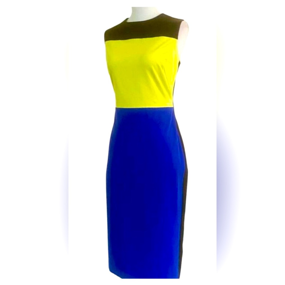 Calvin KleinBlue Round Neck Stretch Cotton Blend Color Work/Office Dress